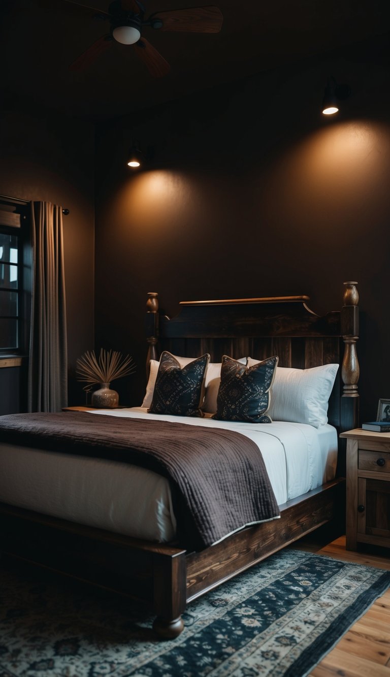 A cozy bedroom with deep chocolate walls, rustic wooden furniture, and dim lighting, creating a dark and moody Western atmosphere