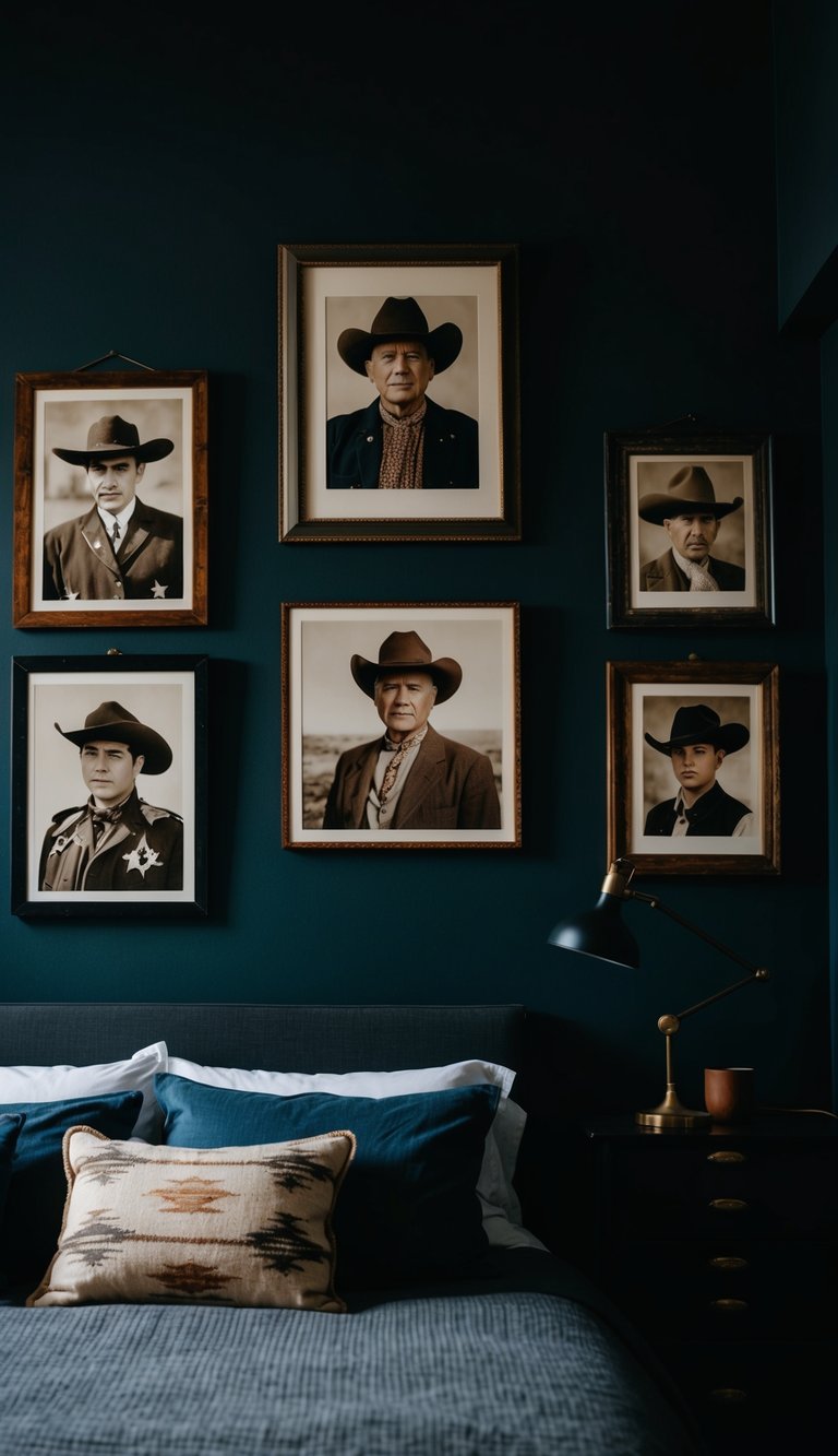 A dimly lit bedroom with vintage western art and photographs hanging on the walls, creating a dark and rustic atmosphere