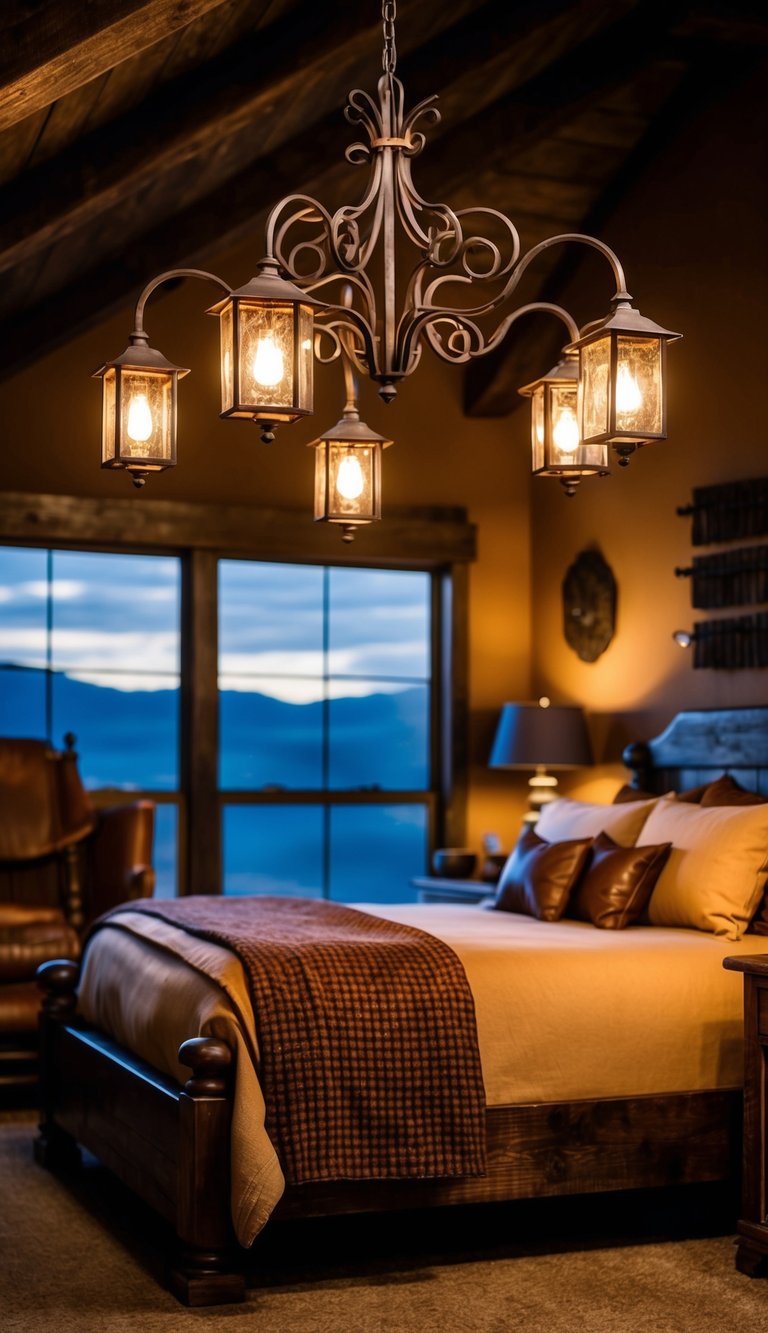 Wrought iron light fixtures cast a warm glow over a dark western bedroom with rustic furniture and leather accents
