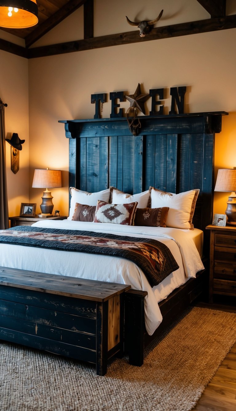A rustic bedroom with a dark distressed wood headboard, adorned with western-themed decor and warm lighting