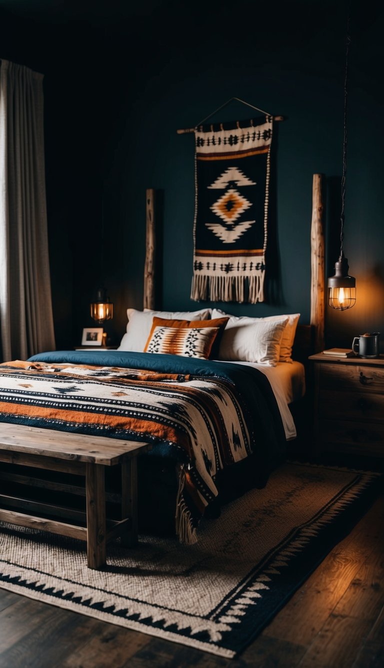 A dark western bedroom with Native American textiles, including patterned blankets and rugs, adorning the bed and floor. Rustic wooden furniture and dim lighting create a cozy, moody atmosphere