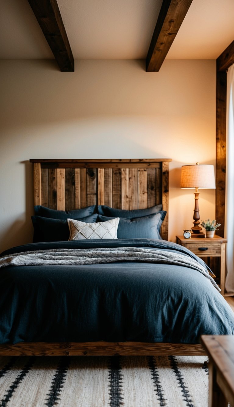 A cozy western bedroom with dark linen bedding, a rustic wooden bed frame, and warm ambient lighting