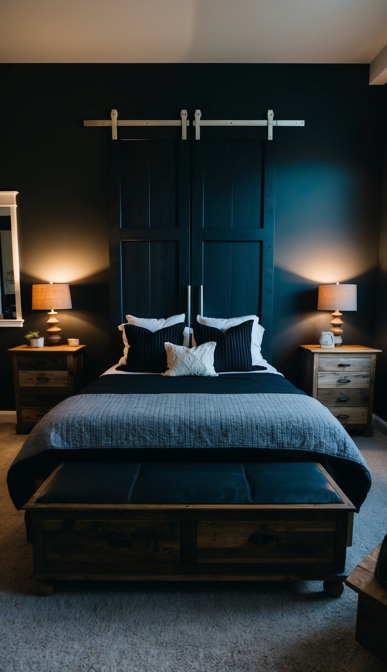 A dark bedroom with a large barn door as the focal point, surrounded by rustic wood furniture and dim lighting