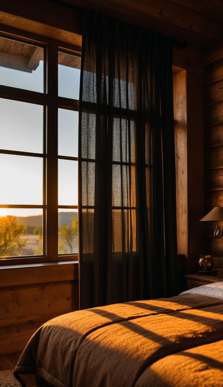 Dark, heavy curtains hang in a Western bedroom, casting shadows as the sun sets outside the window. The room is adorned with rustic decor and warm, earthy tones