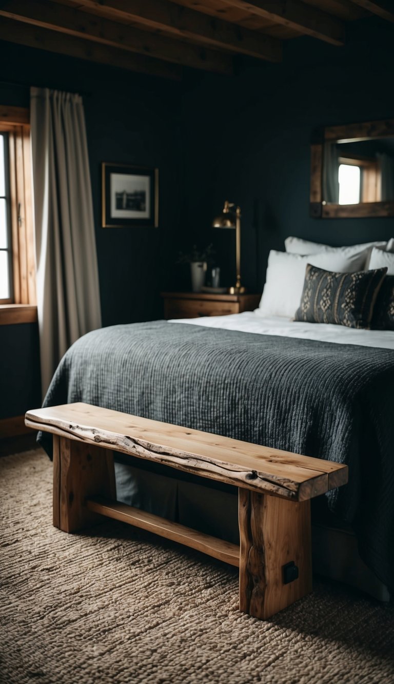 A rough-hewn wood bench sits at the foot of the bed in a dark Western bedroom