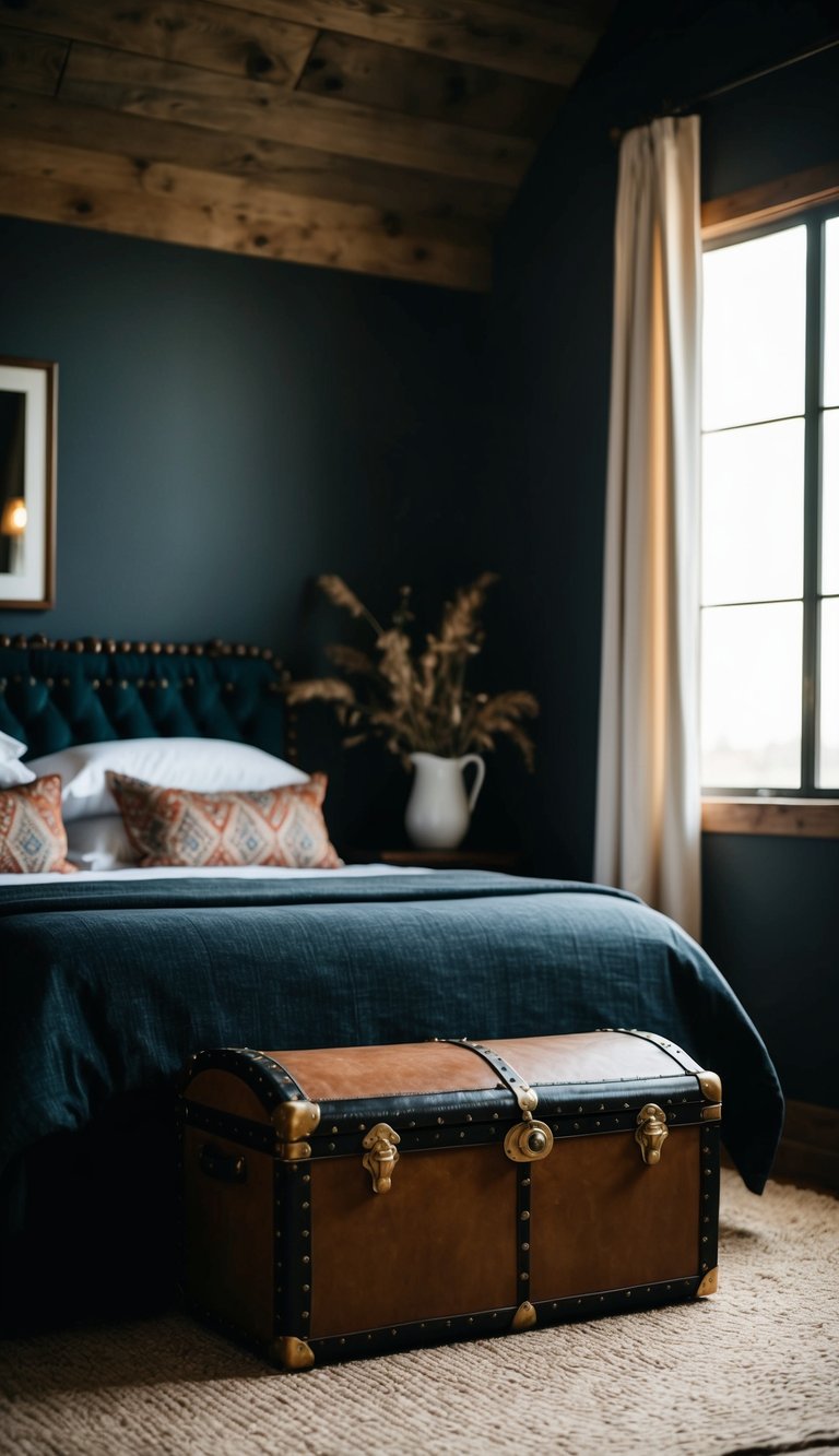 A vintage, decorative trunk sits at the foot of a bed in a dark western bedroom, adding a touch of old-world charm to the space
