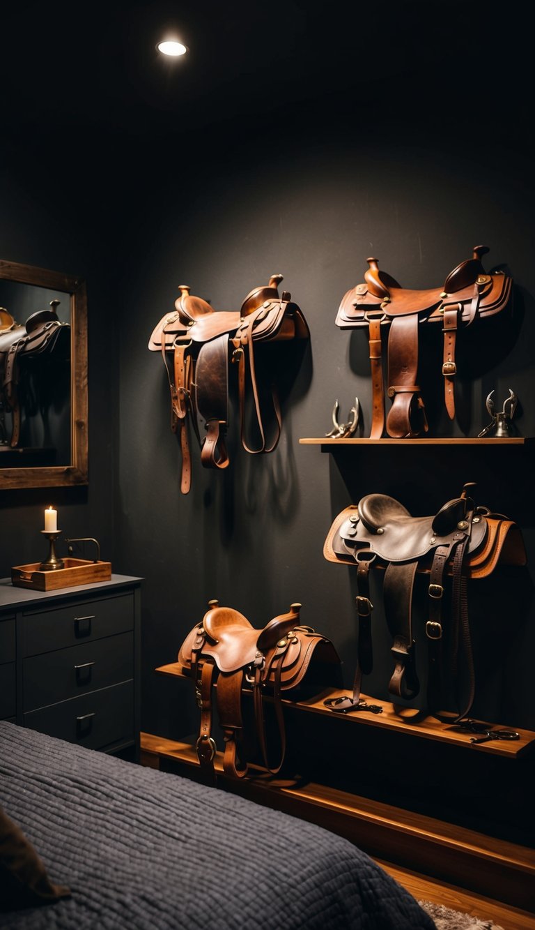 A dimly lit bedroom with antique western saddles and spurs displayed on the walls and shelves, creating a dark and rugged atmosphere