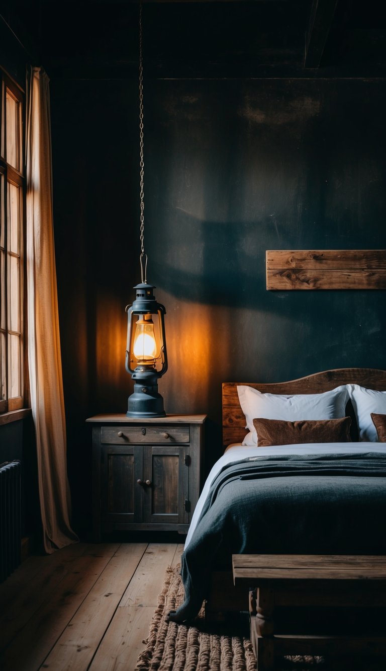 A dimly lit western bedroom with oil lantern-style lighting casting shadows on rustic furniture and dark, weathered walls
