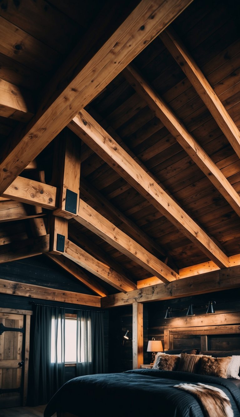Wooden beams crisscross the ceiling of a rustic bedroom, casting dramatic shadows in the dim light. The dark, western-themed decor adds a sense of rugged charm