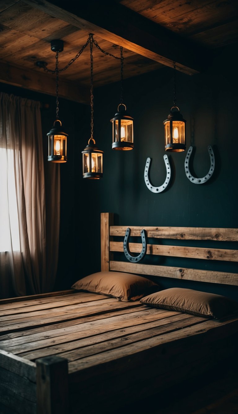 A dimly lit bedroom with a rustic bed frame made of weathered wood and adorned with horseshoes. Metal lanterns hang from the ceiling, casting eerie shadows