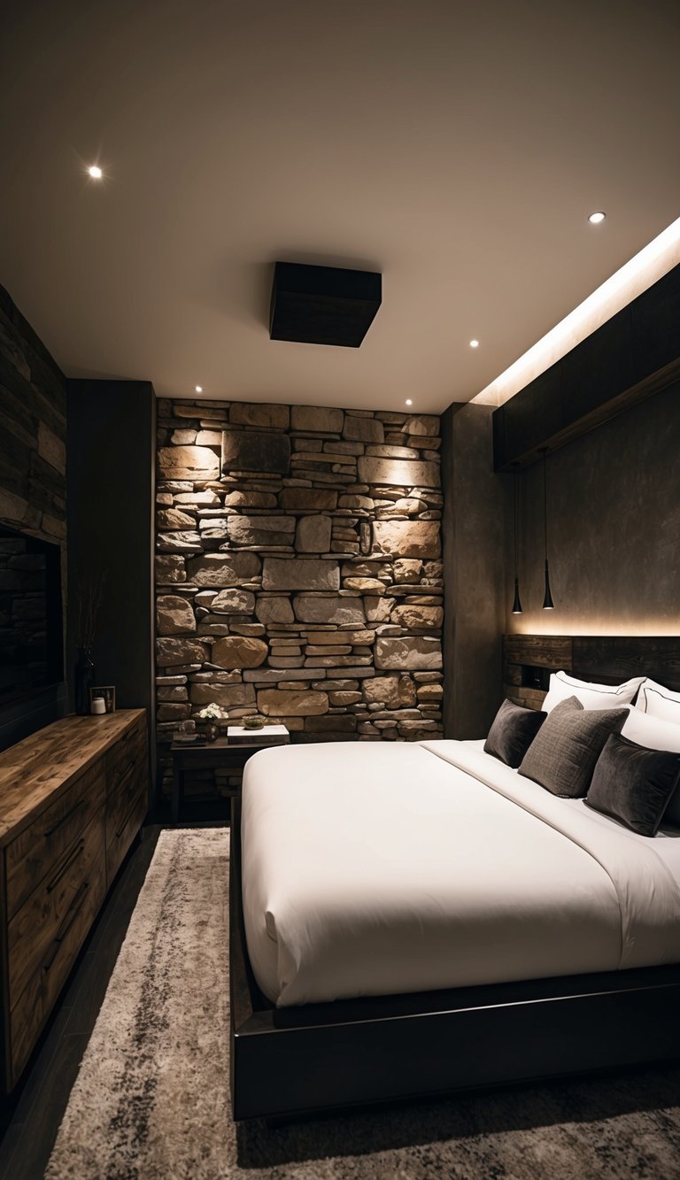 A dimly lit bedroom with a reclaimed stone wall, rustic wooden furniture, and dark accents throughout