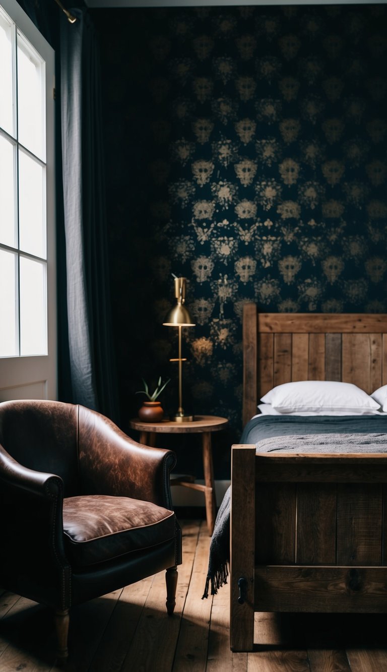 A dimly lit bedroom with dark vintage western-patterned wallpaper, a worn leather armchair, and a rustic wooden bed frame