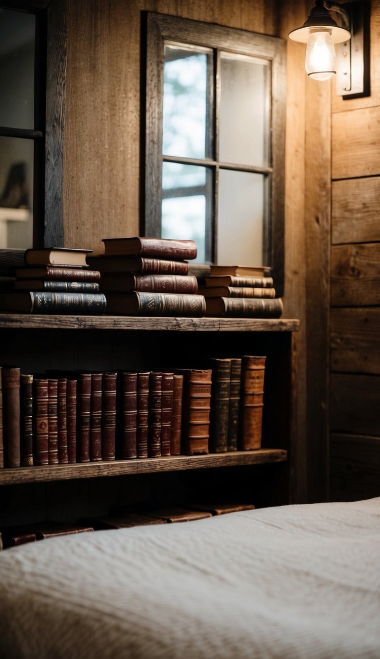 A dimly lit bedroom with a rustic, Western theme. Leather-bound books are stacked on a wooden shelf, adding a touch of old-world charm to the space
