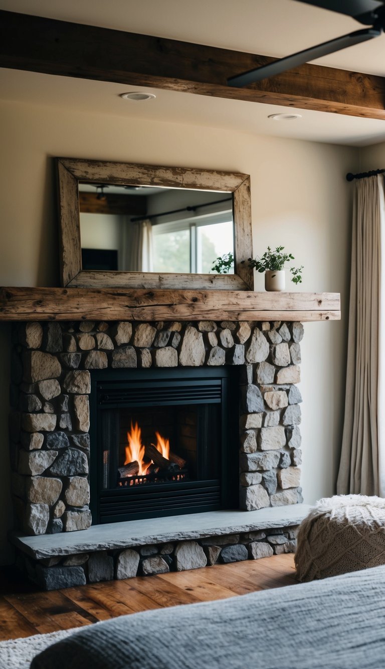 A cozy, dimly lit bedroom with a stone fireplace and a weathered wooden mantel, creating a rustic and inviting atmosphere