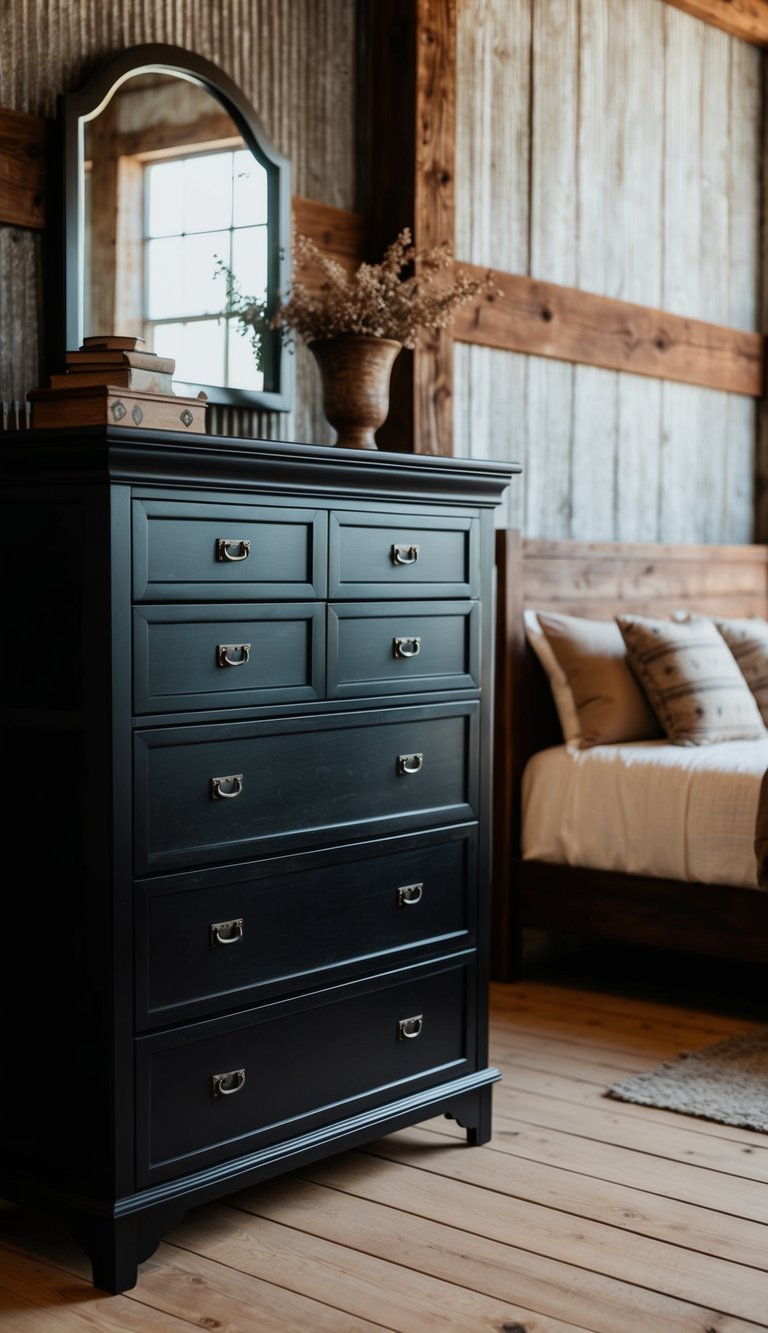 A dark wooden dresser with metal hardware stands against a rustic Western bedroom backdrop