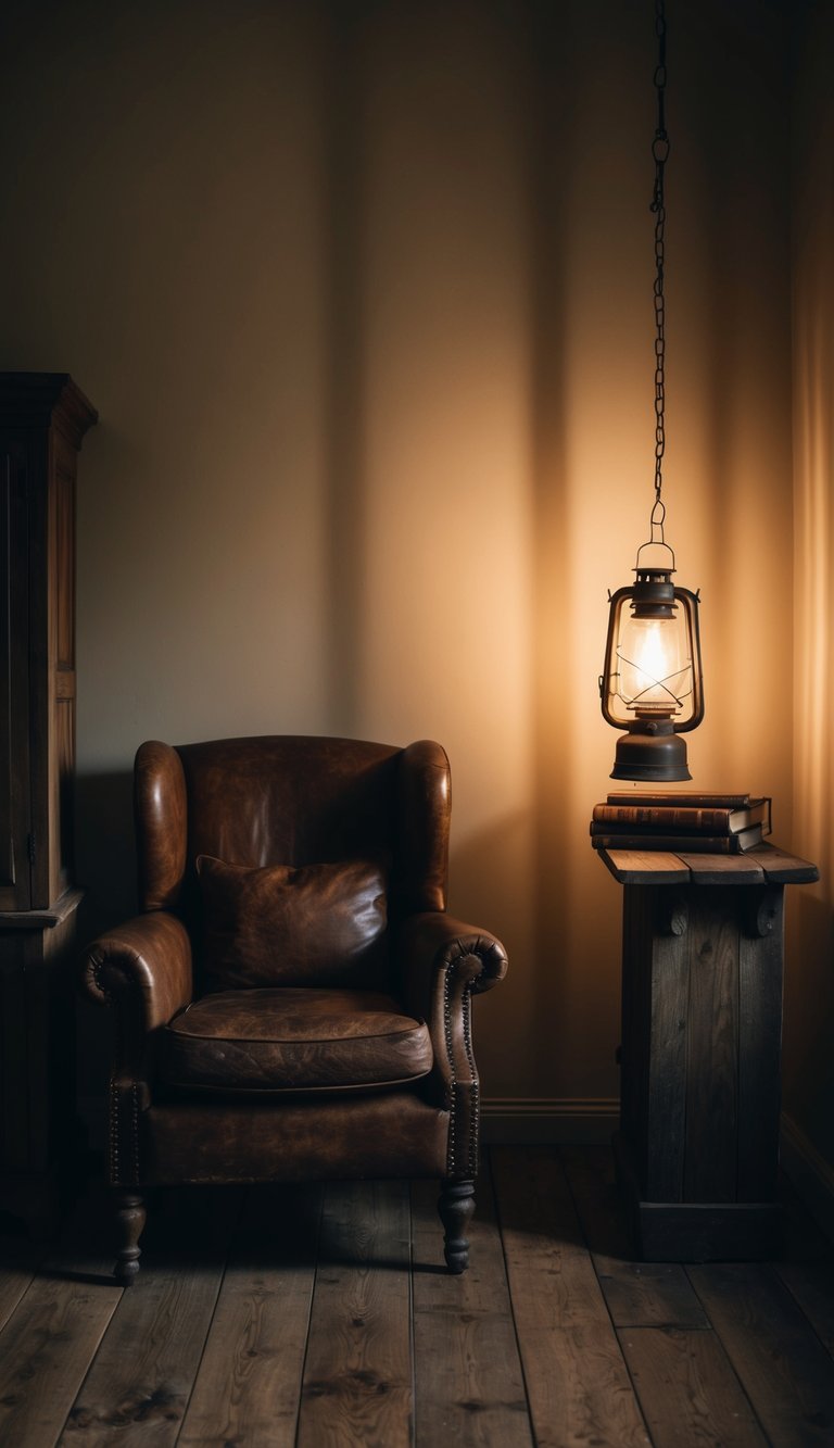 A dimly lit bedroom with rustic wooden furniture, a worn leather armchair, and a flickering lantern casting eerie shadows