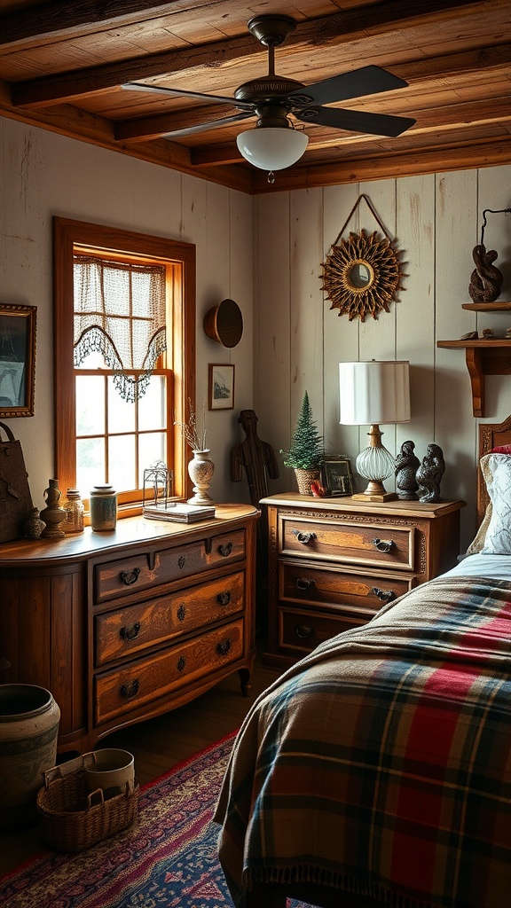 A cozy vintage bohemian bedroom featuring a plaid blanket, wooden furniture, and warm sunlight filtering through an orange curtain.