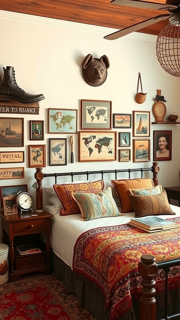 A cozy bedroom featuring a bed with patterned bedding and a wall adorned with vintage travel-related artwork and souvenirs.