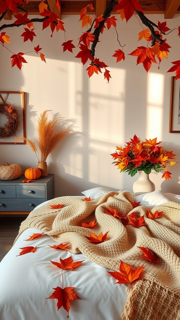 A cozy bedroom decorated with autumn leaves, a knitted blanket, and a colorful flower arrangement