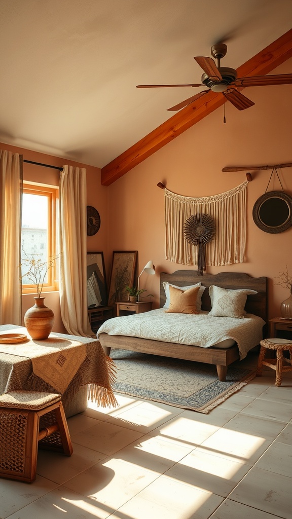 A cozy Western boho bedroom featuring warm earthy tones, natural wood accents, and textured decor.