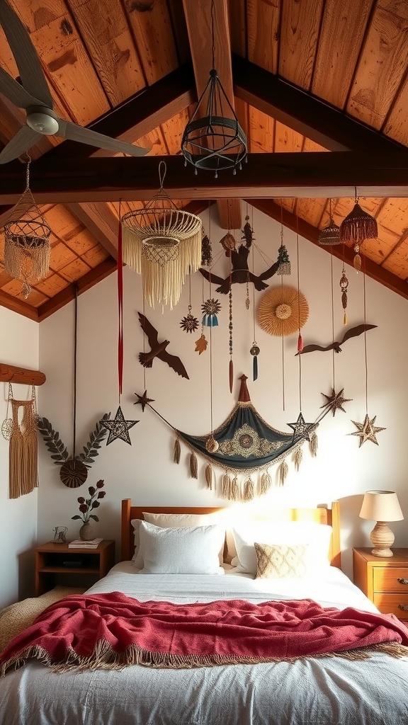 A whimsical boho bedroom featuring various hanging light fixtures and plants.