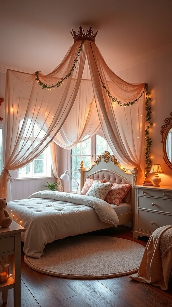 A cozy bedroom styled with draped fabrics, fairy lights, and natural elements for a whimsical fairy tale theme.