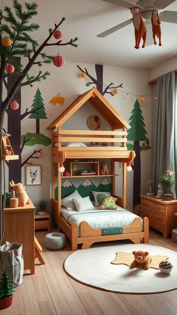 A whimsical toddler boy's bedroom featuring a treehouse bed, forest-themed decorations, and playful accents.