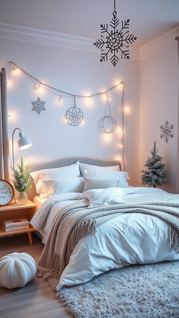 A cozy toddler boy's bedroom decorated for winter, featuring snowflakes, soft bedding, and twinkling lights.