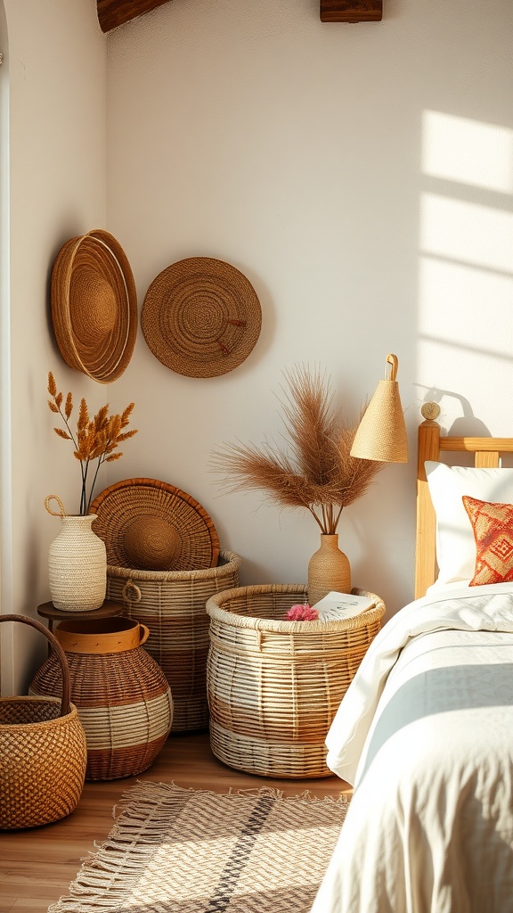 A cozy western boho bedroom with woven baskets for storage