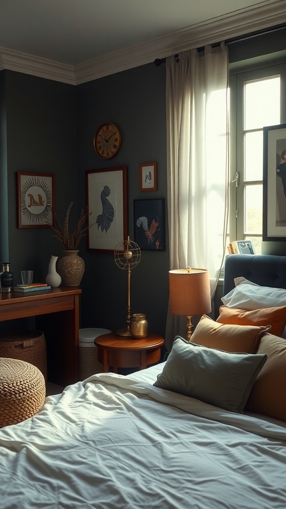 A dark moody bedroom featuring artisan crafted decor including framed artwork, wooden clock, lamp, and textured bedding.