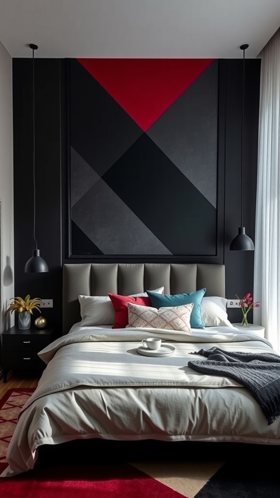 A dark moody bedroom with bold geometric patterns on the wall, featuring a bed with colorful pillows and stylish lighting.