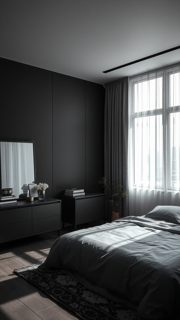 A dark moody bedroom featuring black walls, light bedding, and natural light coming through sheer curtains