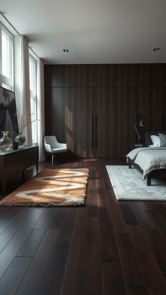 A dark moody bedroom showcasing dark wood flooring with plush rugs, featuring a rich color palette and cozy decor.