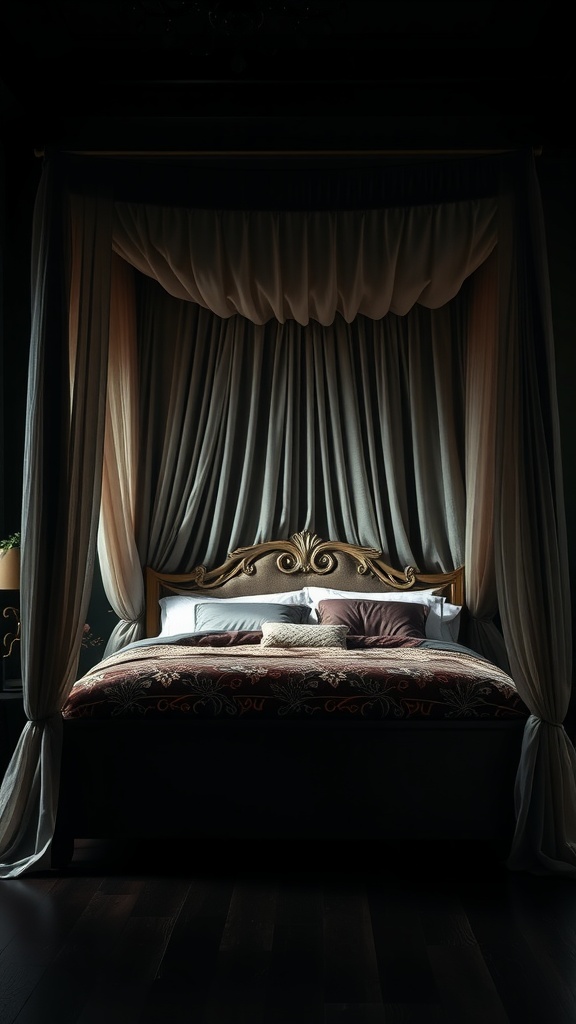 A dramatic canopy bed setup with flowing fabrics and rich textures in a dark moody bedroom.