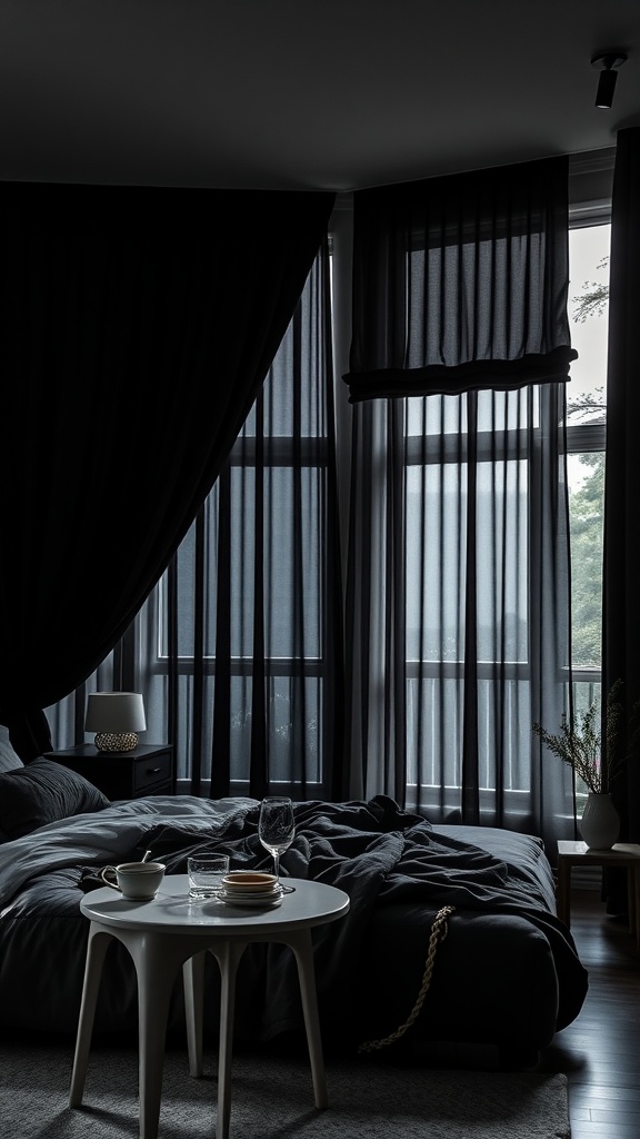 A dark moody bedroom featuring layered window treatments with sheer and solid fabrics.