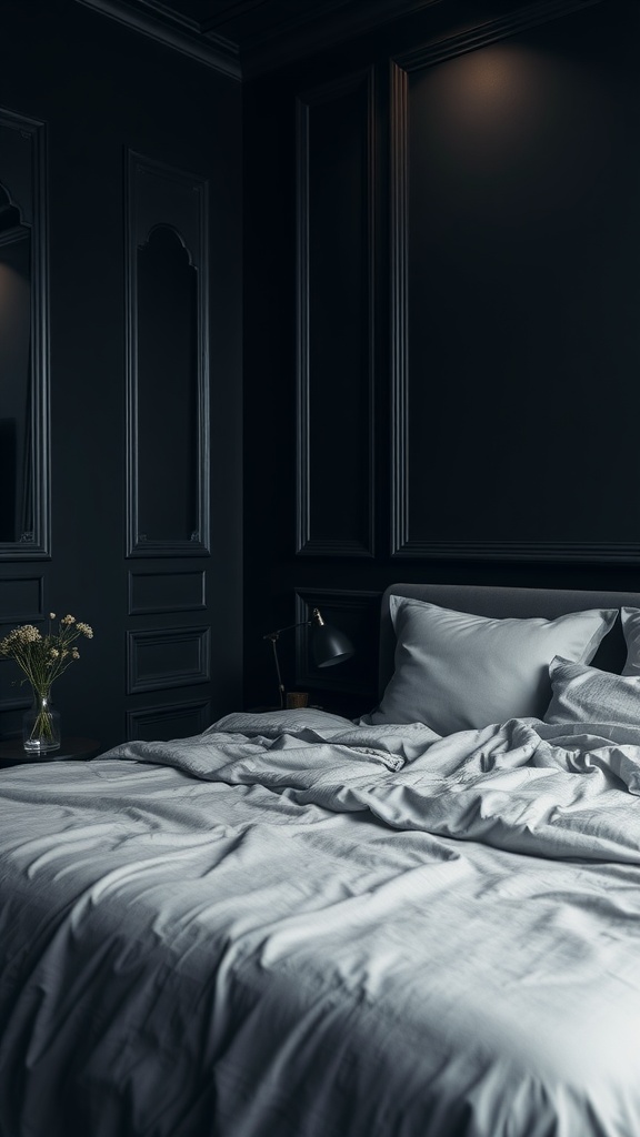 A cozy bedroom with black walls, soft bedding, and gentle lighting.