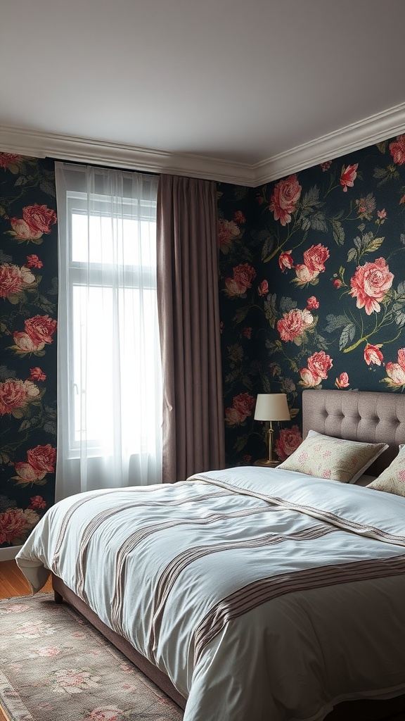 A dark moody bedroom featuring floral wallpaper with roses, soft bed linens, and light curtains.