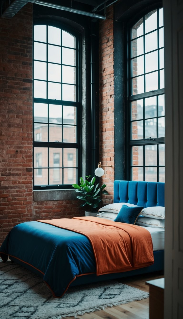 A dark moody bedroom featuring exposed brick walls, a stylish bed with a blue and orange color scheme, and large windows