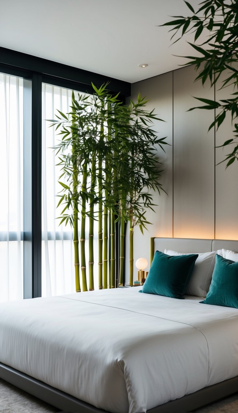 Luxury, modern and minimalistic Bedroom for couples with Bamboo Plant Corner