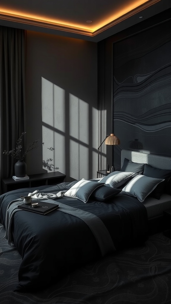 A dark moody bedroom featuring layered patterns with deep blue and gray colors, illuminated by warm lighting.