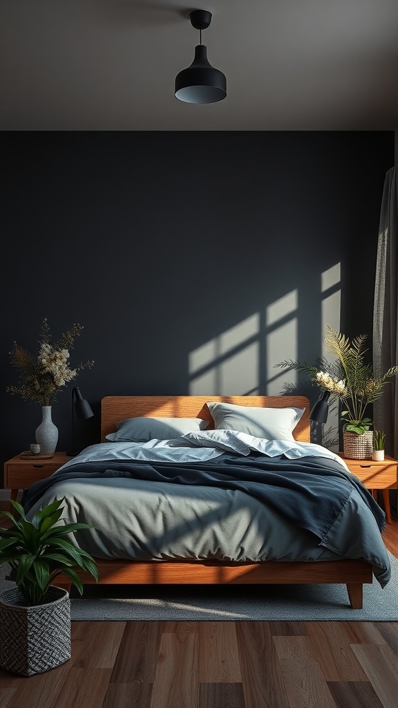 A dark moody bedroom with natural elements, featuring a wooden bed, potted plants, and stylish lighting.