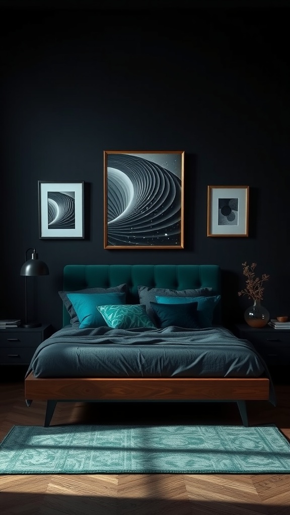 A dark moody bedroom with teal accents, a wooden bed frame, and abstract art on the walls.