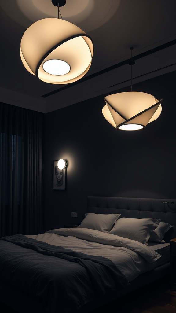 Moody bedroom with sculptural pendant lighting fixtures over the bed