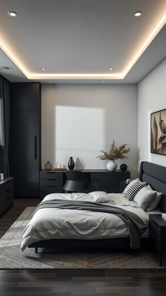 A sleek modern minimalist bedroom featuring dark colors, simple furniture, and warm lighting.