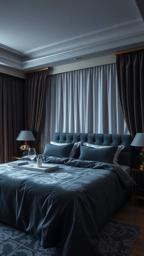 A dark moody bedroom featuring a plush velvet bedspread, elegant pillows, and rich curtains.