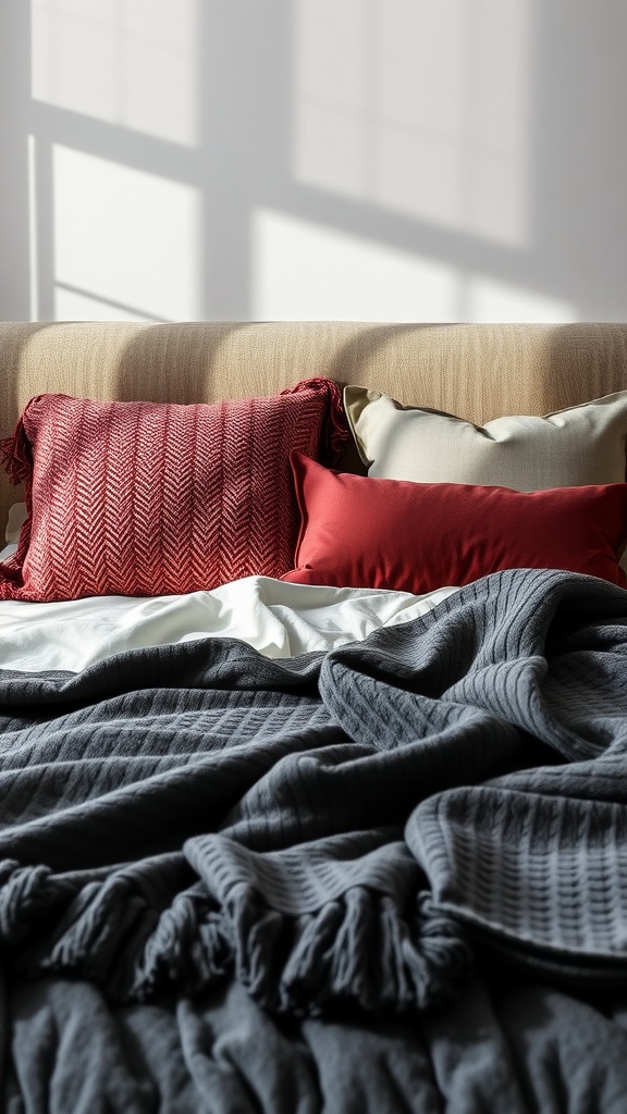 A cozy arrangement of textured throw pillows and blankets on a bed.