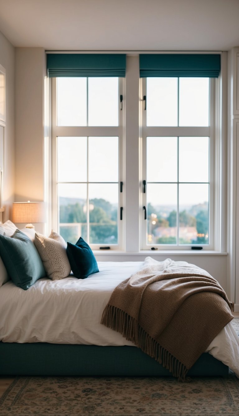 A cozy bedroom with a large window, soft lighting, and a comfortable bed adorned with throw pillows and a warm blanket