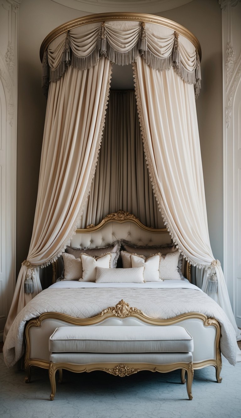 A luxurious canopied bed surrounded by soft, flowing curtains, with ornate details and plush bedding, creating an elegant and inviting atmosphere