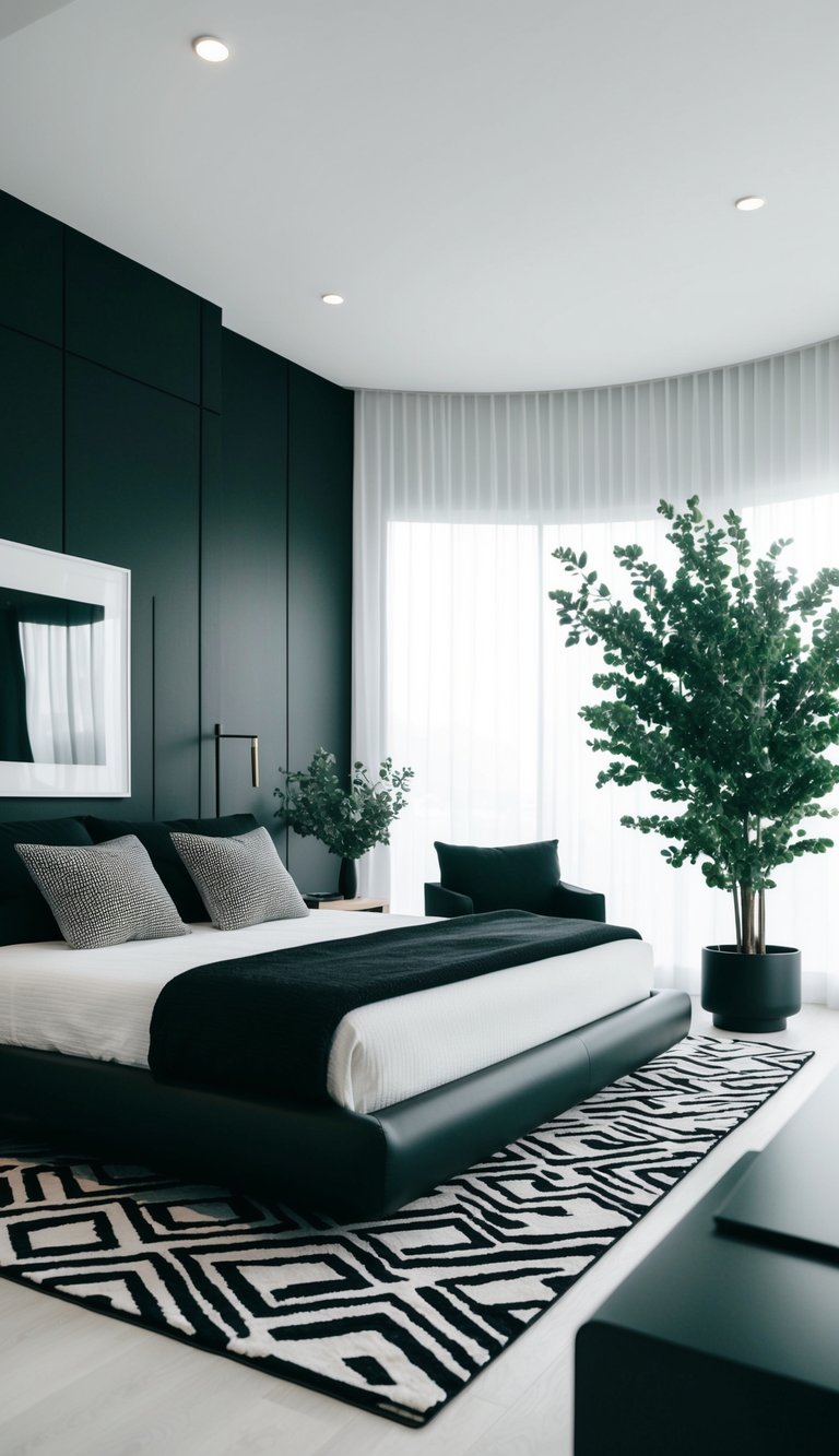 A sleek black and white bedroom with geometric patterns, minimalistic furniture, and a pop of greenery for contrast