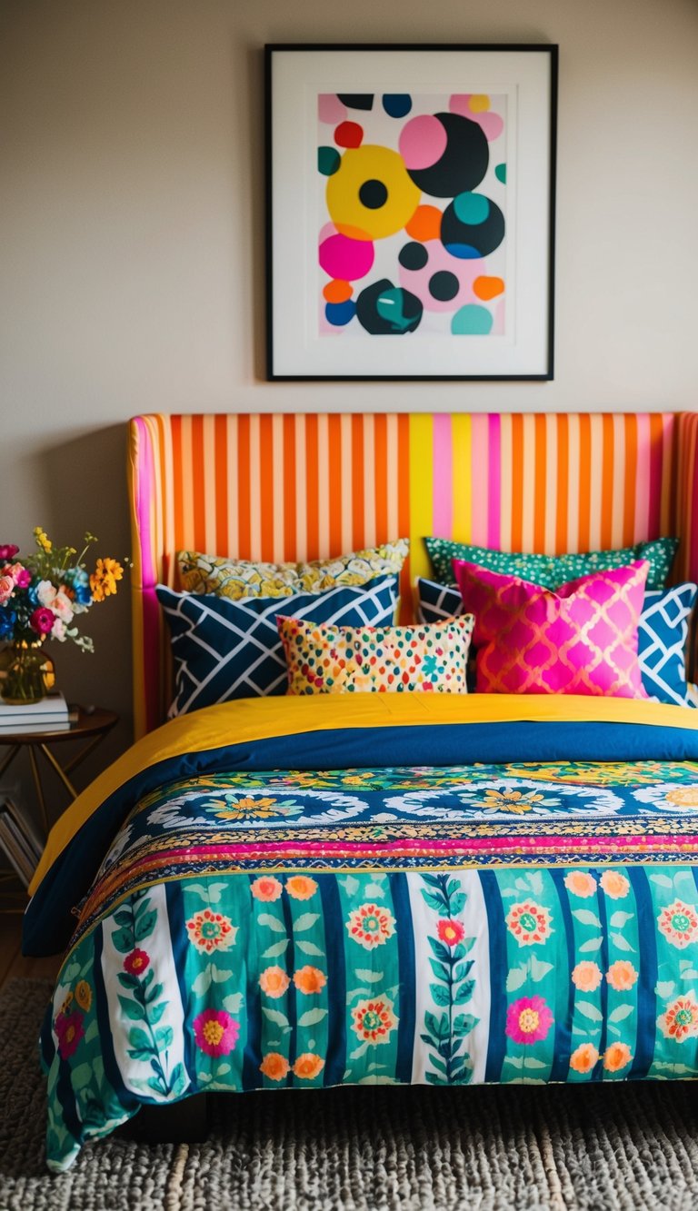 A bed with a mix of bold patterns - geometric, floral, and stripes. Bright colors and contrasting prints create a vibrant and eclectic bedroom setting